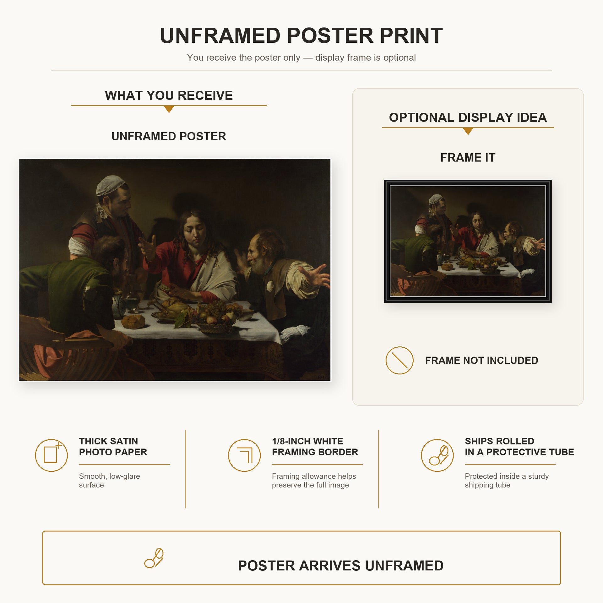 Caravaggio - Supper at Emmaus poster print size comparison and framing display infographic