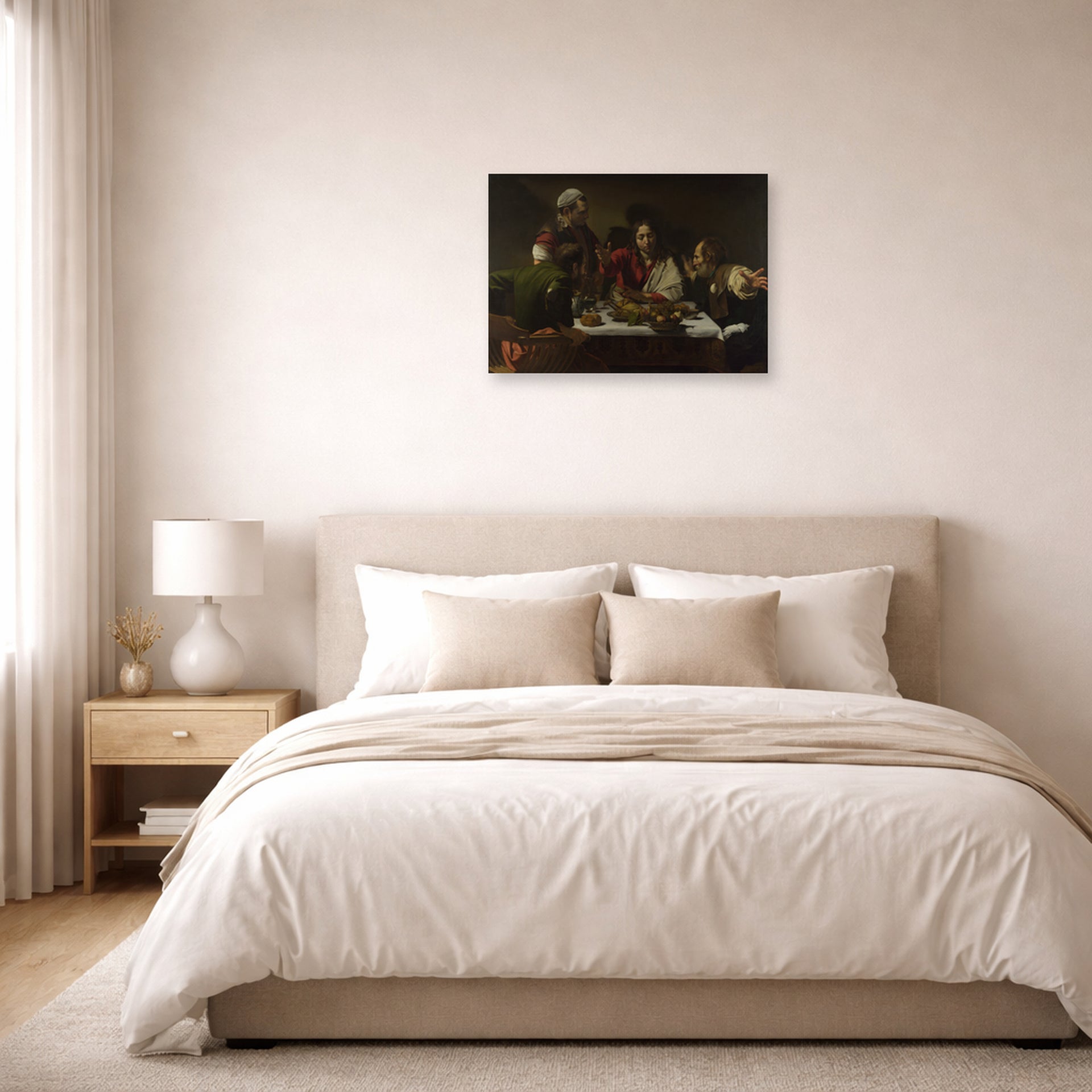 Unframed poster print of Caravaggio's 'Supper at Emmaus' displayed on a wall in a bedroom