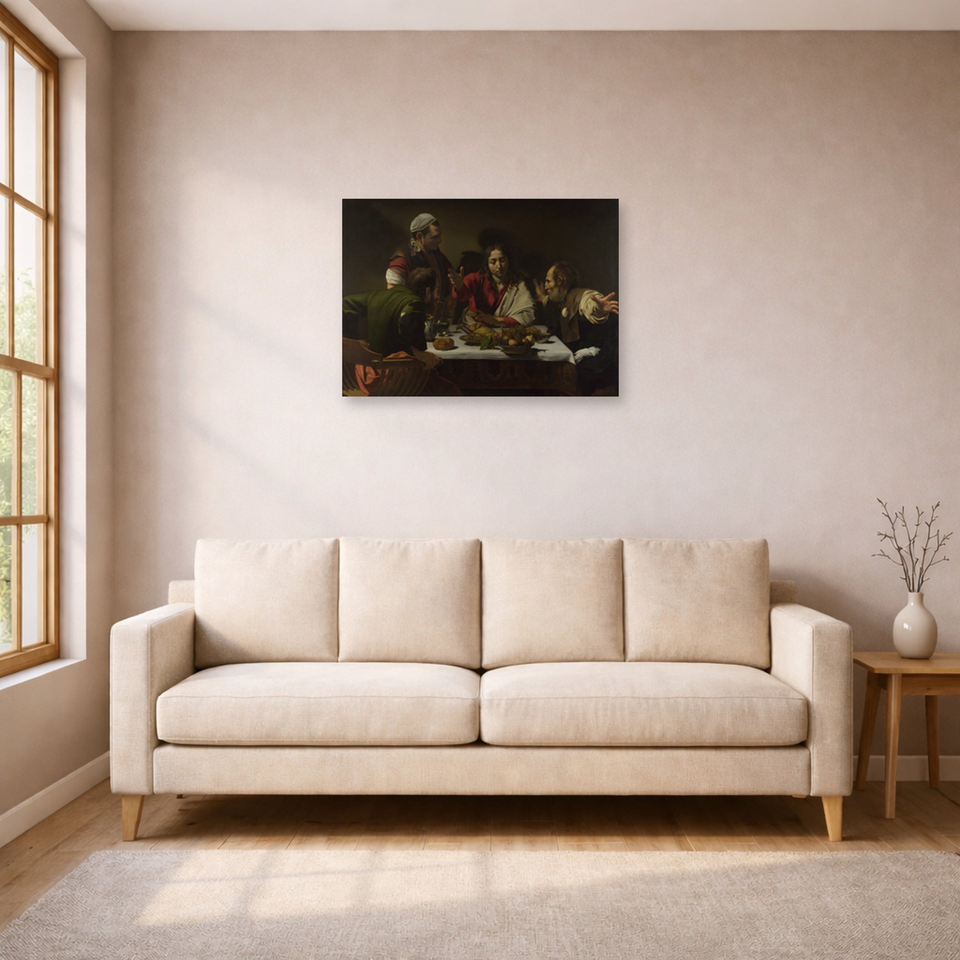 Unframed poster print of Caravaggio's 'Supper at Emmaus' displayed on a wall in a living room