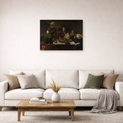 Unframed poster print of Caravaggio's 'Supper at Emmaus' displayed on a wall in a living room