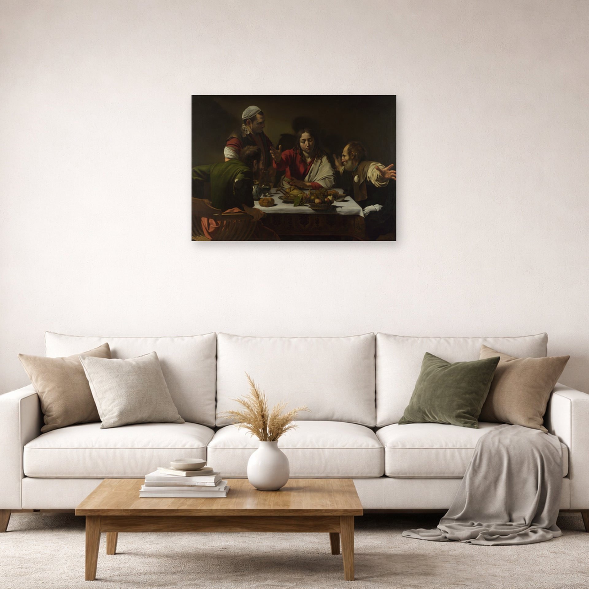 Unframed poster print of Caravaggio's 'Supper at Emmaus' displayed on a wall in a living room