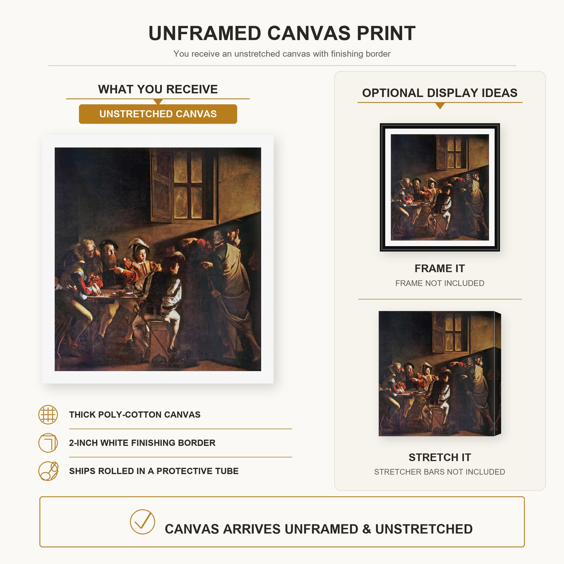 Caravaggio - The Calling of Saint Matthew canvas print size comparison and framing display infographic