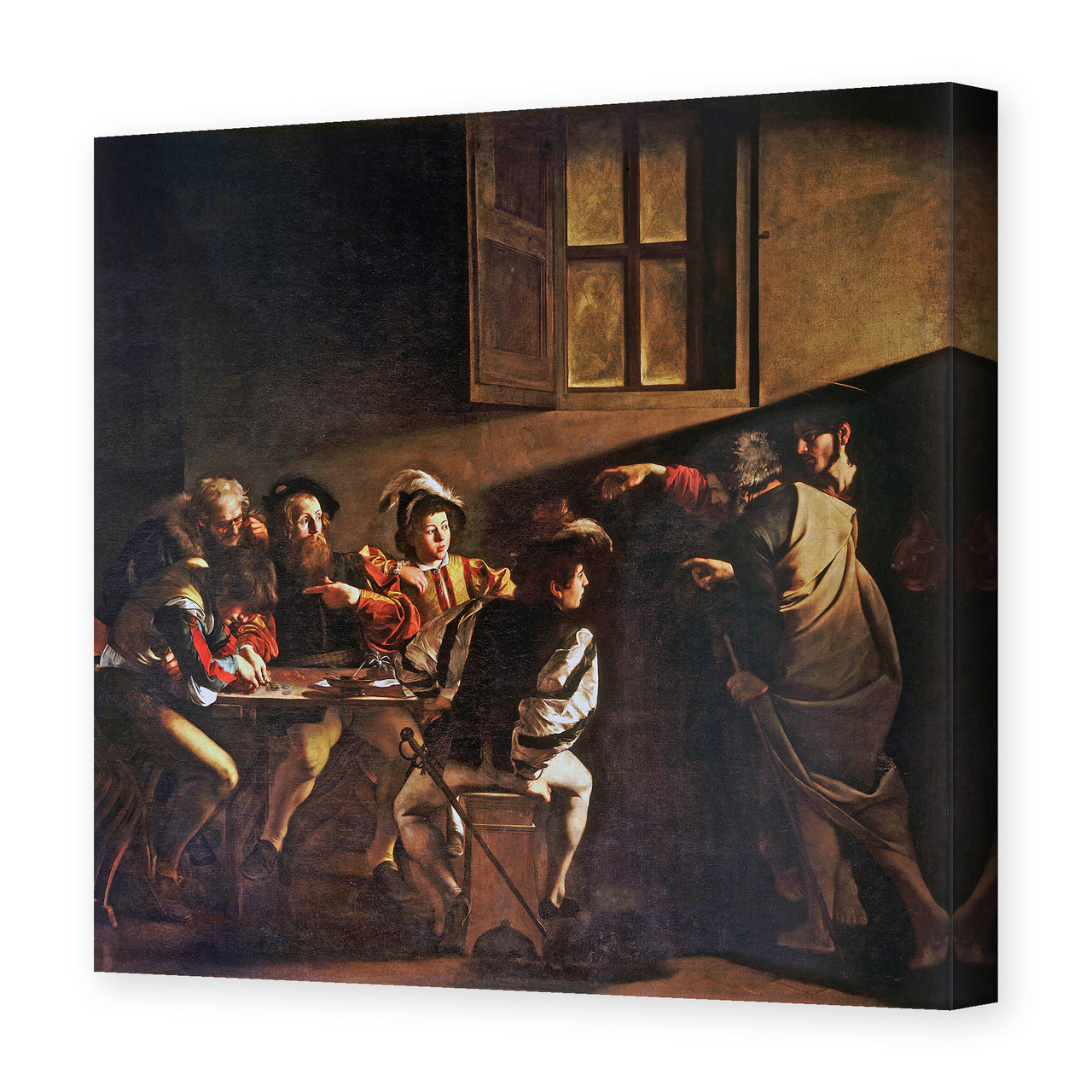 Caravaggio's 'The Calling of Saint Matthew' painting reproduced as a gallery-wrapped canvas print, painted around 1599-1600 for Rome's San Luigi dei Francesi