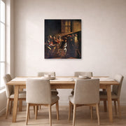 Gallery-wrapped canvas print of Caravaggio's 'The Calling of Saint Matthew' displayed on a wall in a dining room