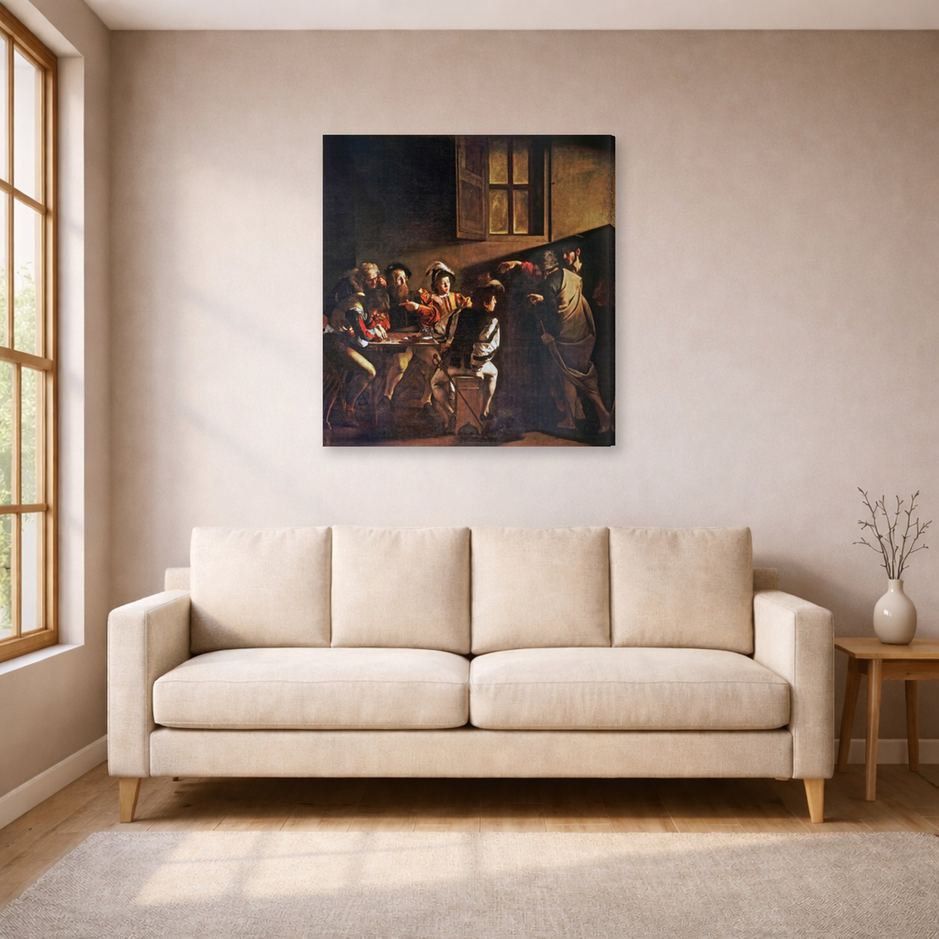 Gallery-wrapped canvas print of Caravaggio's 'The Calling of Saint Matthew' displayed on a wall in a living room