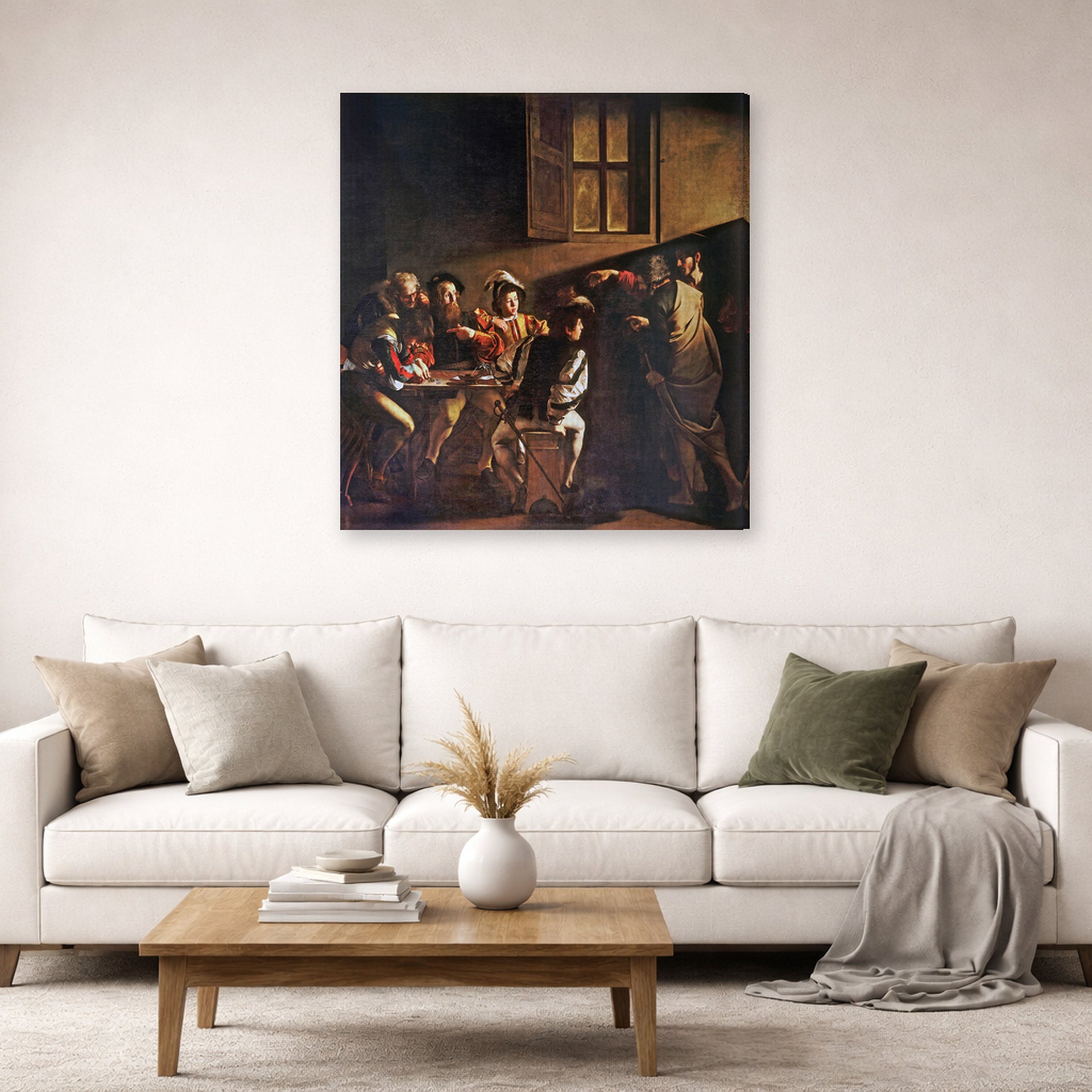 Gallery-wrapped canvas print of Caravaggio's 'The Calling of Saint Matthew' displayed on a wall in a living room