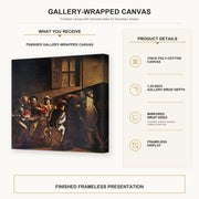 Caravaggio - The Calling of Saint Matthew gallery wrap canvas construction and hanging details infographic