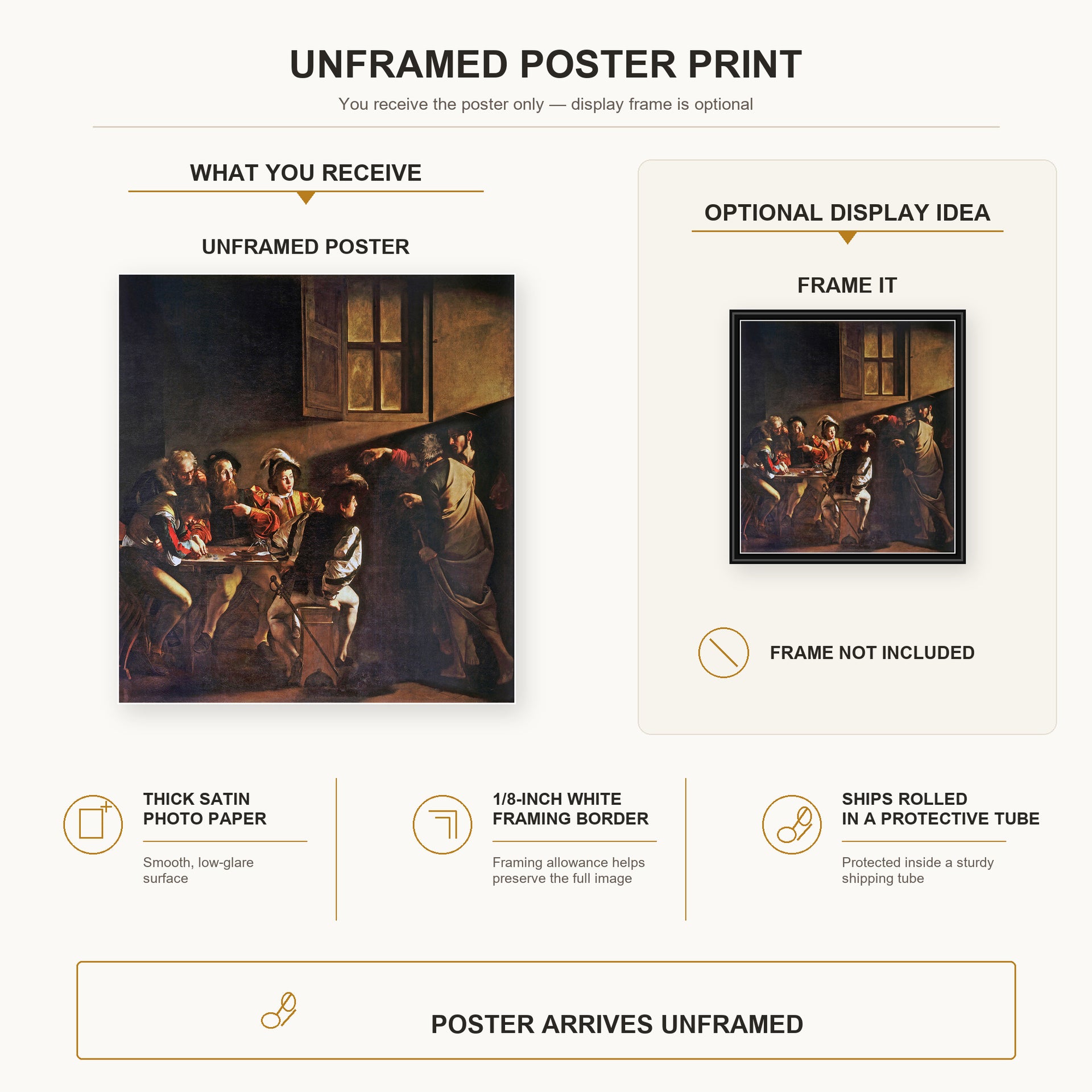 Caravaggio - The Calling of Saint Matthew poster print size comparison and framing display infographic
