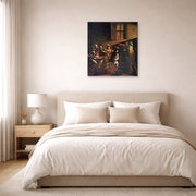 Unframed poster print of Caravaggio's 'The Calling of Saint Matthew' displayed on a wall in a bedroom