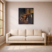 Unframed poster print of Caravaggio's 'The Calling of Saint Matthew' displayed on a wall in a living room