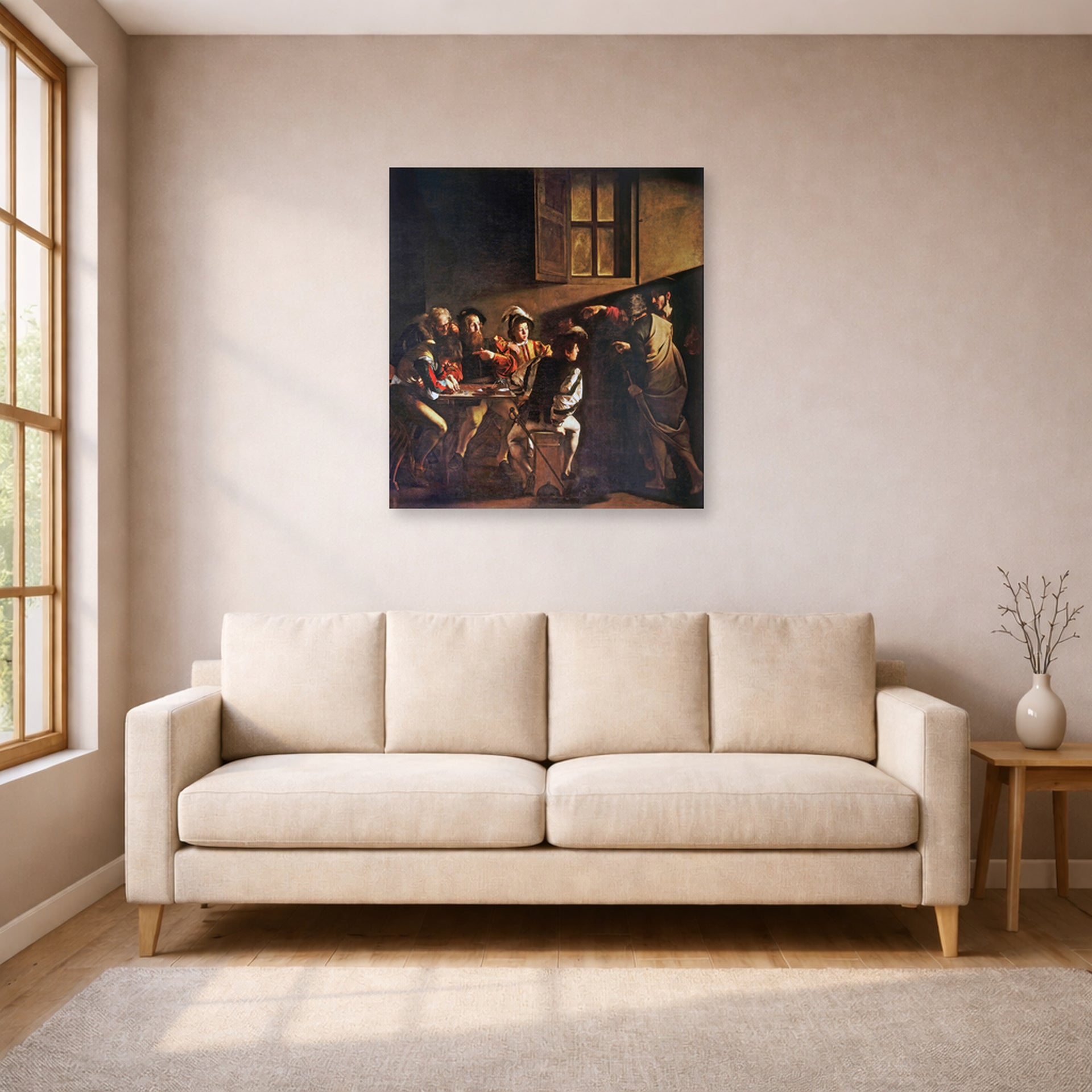 Unframed poster print of Caravaggio's 'The Calling of Saint Matthew' displayed on a wall in a living room
