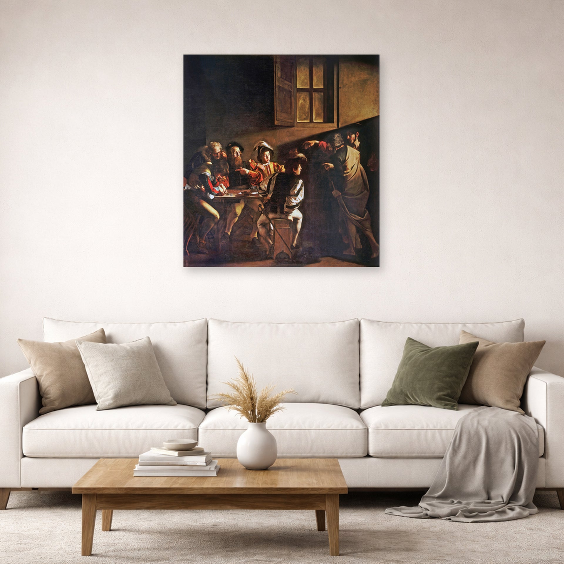 Unframed poster print of Caravaggio's 'The Calling of Saint Matthew' displayed on a wall in a living room