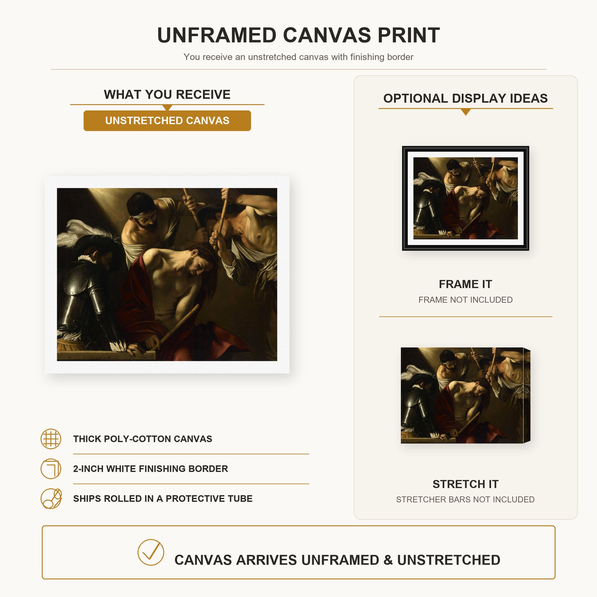 Caravaggio - The Crowning with Thorns canvas print size comparison and framing display infographic
