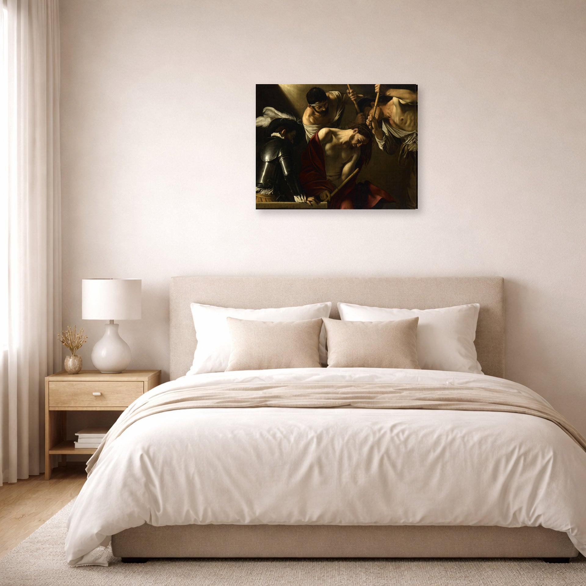 Gallery-wrapped canvas print of Caravaggio's 'The Crowning with Thorns' displayed on a wall in a bedroom
