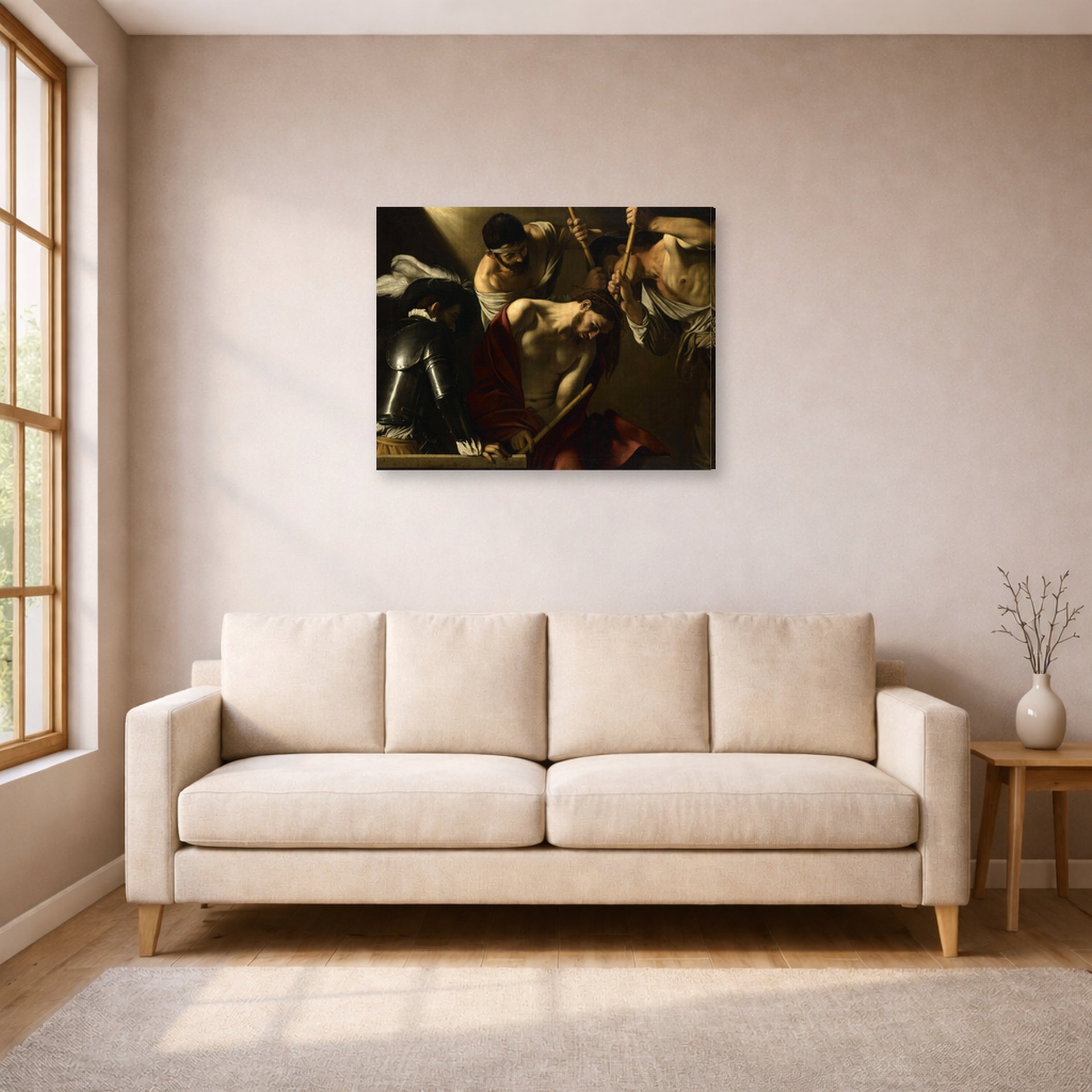 Gallery-wrapped canvas print of Caravaggio's 'The Crowning with Thorns' displayed on a wall in a living room