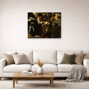Gallery-wrapped canvas print of Caravaggio's 'The Crowning with Thorns' displayed on a wall in a living room