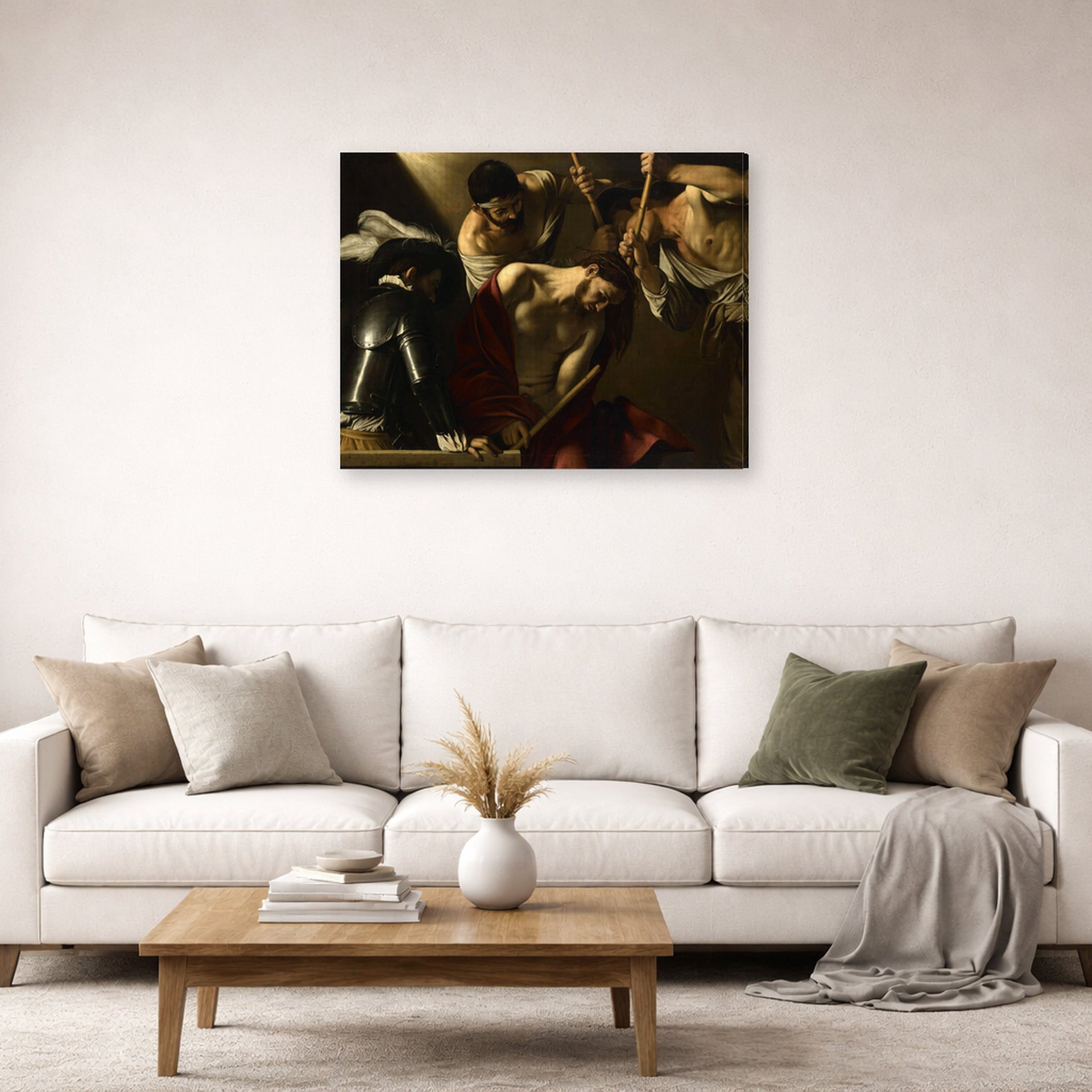Gallery-wrapped canvas print of Caravaggio's 'The Crowning with Thorns' displayed on a wall in a living room