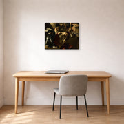 Gallery-wrapped canvas print of Caravaggio's 'The Crowning with Thorns' displayed on a wall in an office