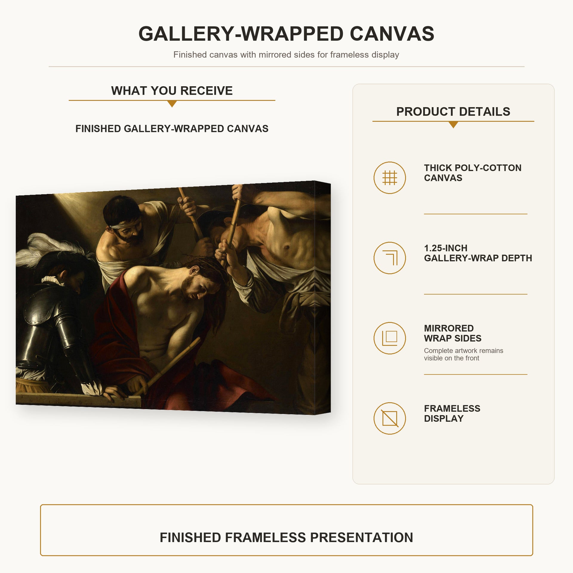 Caravaggio - The Crowning with Thorns gallery wrap canvas construction and hanging details infographic