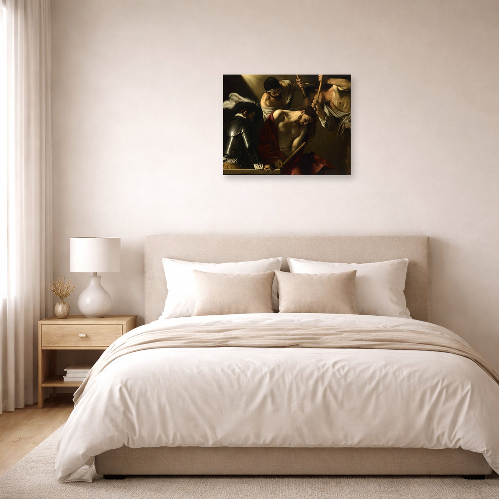 Unframed poster print of Caravaggio's 'The Crowning with Thorns' displayed on a wall in a bedroom