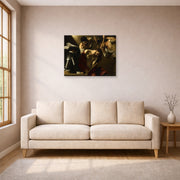 Unframed poster print of Caravaggio's 'The Crowning with Thorns' displayed on a wall in a living room