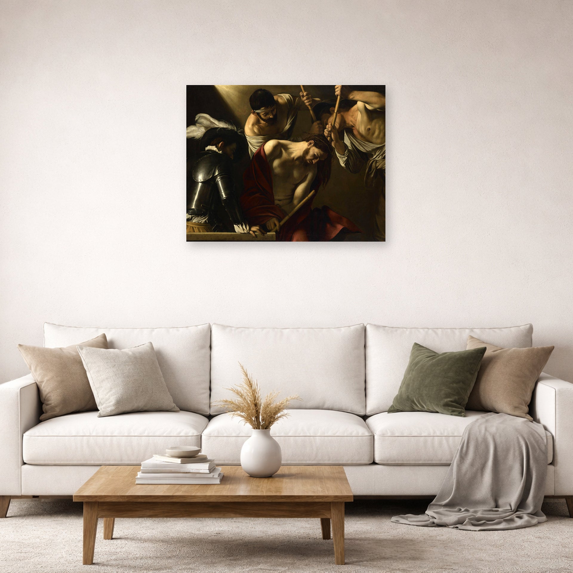 Unframed poster print of Caravaggio's 'The Crowning with Thorns' displayed on a wall in a living room