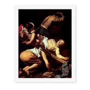 Caravaggio's 'The Crucifixion of Saint Peter' painting reproduced as a rolled canvas print, painted in 1601 for Rome's Cerasi Chapel