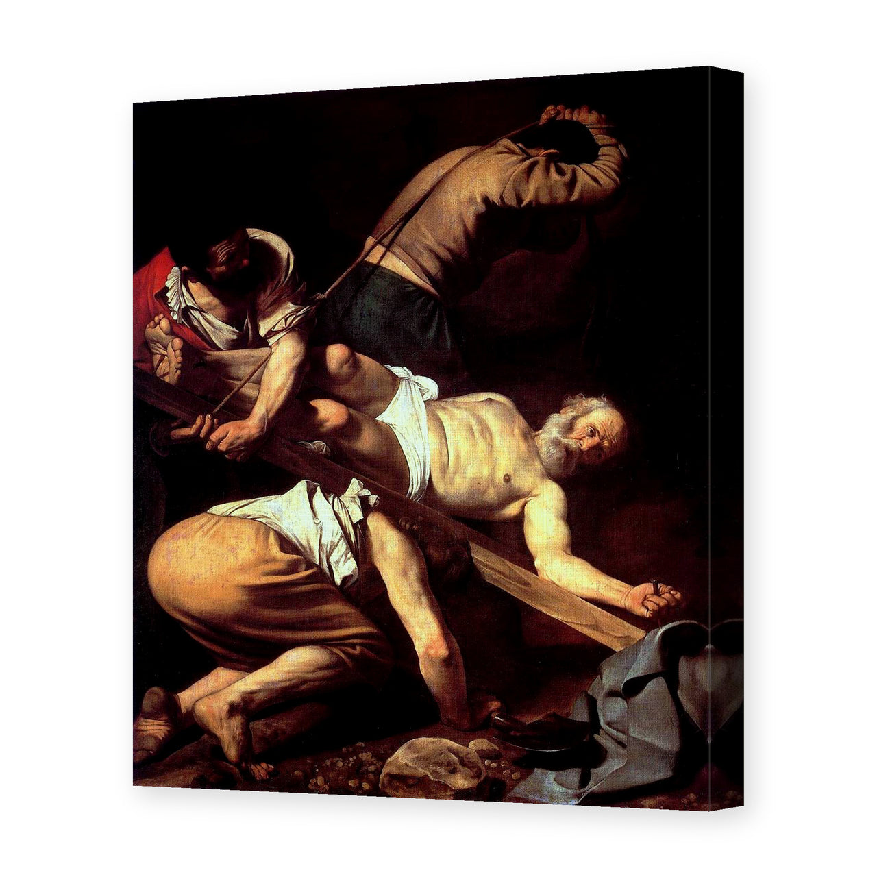 Caravaggio's 'The Crucifixion of Saint Peter' painting reproduced as a gallery-wrapped canvas print, painted in 1601 for Rome's Cerasi Chapel