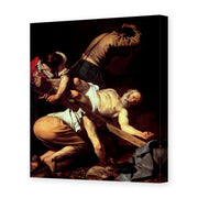 Caravaggio's 'The Crucifixion of Saint Peter' painting reproduced as a gallery-wrapped canvas print, painted in 1601 for Rome's Cerasi Chapel