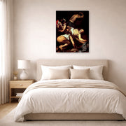 Gallery-wrapped canvas print of Caravaggio's 'The Crucifixion of Saint Peter' displayed on a wall in a bedroom