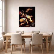 Gallery-wrapped canvas print of Caravaggio's 'The Crucifixion of Saint Peter' displayed on a wall in a dining room