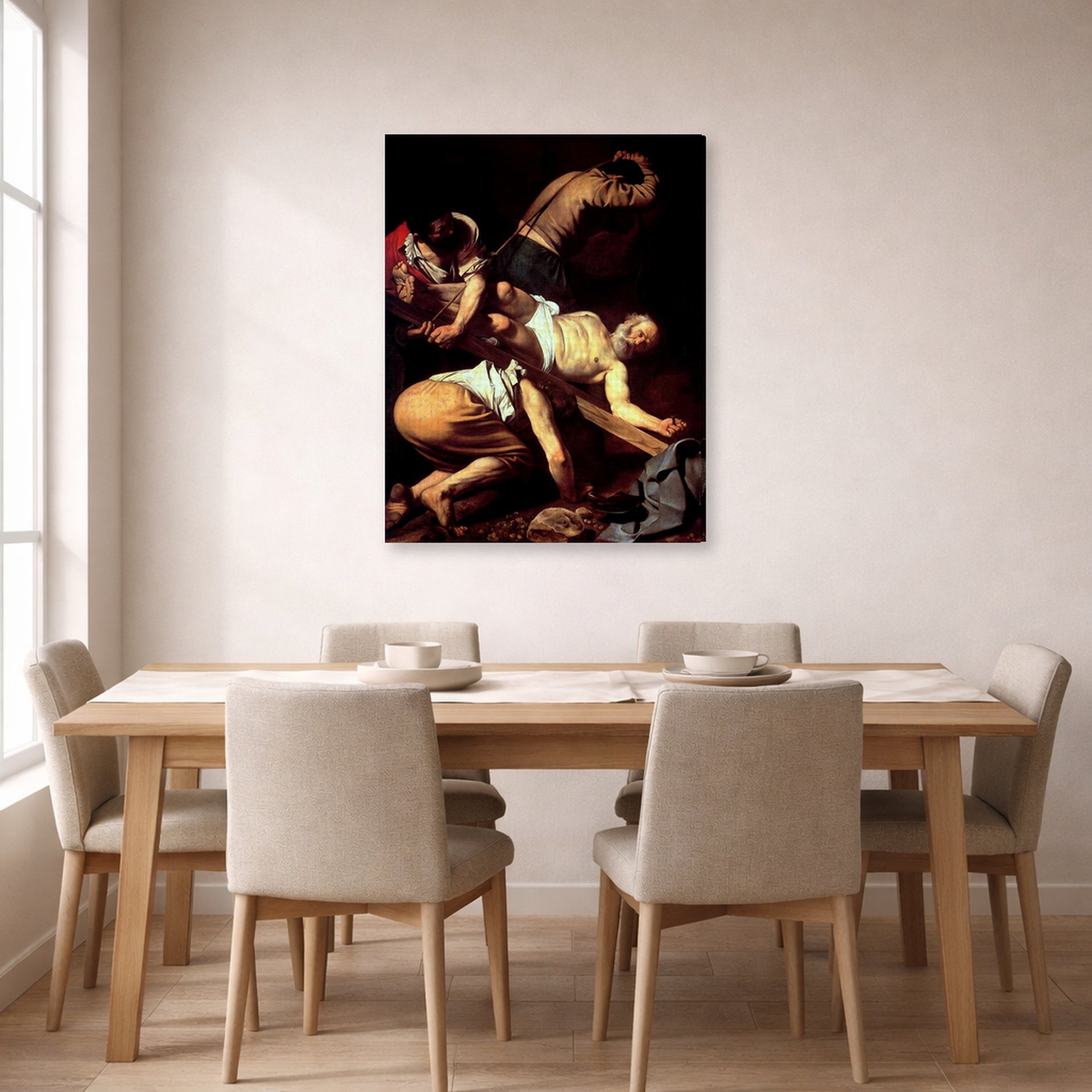 Gallery-wrapped canvas print of Caravaggio's 'The Crucifixion of Saint Peter' displayed on a wall in a dining room