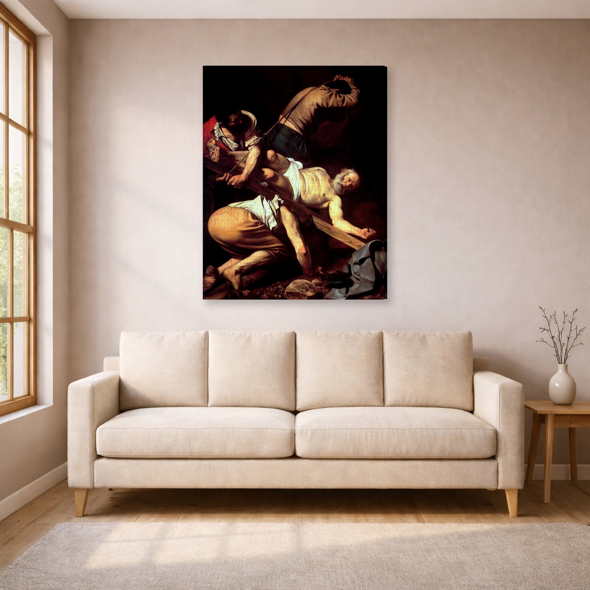 Gallery-wrapped canvas print of Caravaggio's 'The Crucifixion of Saint Peter' displayed on a wall in a living room