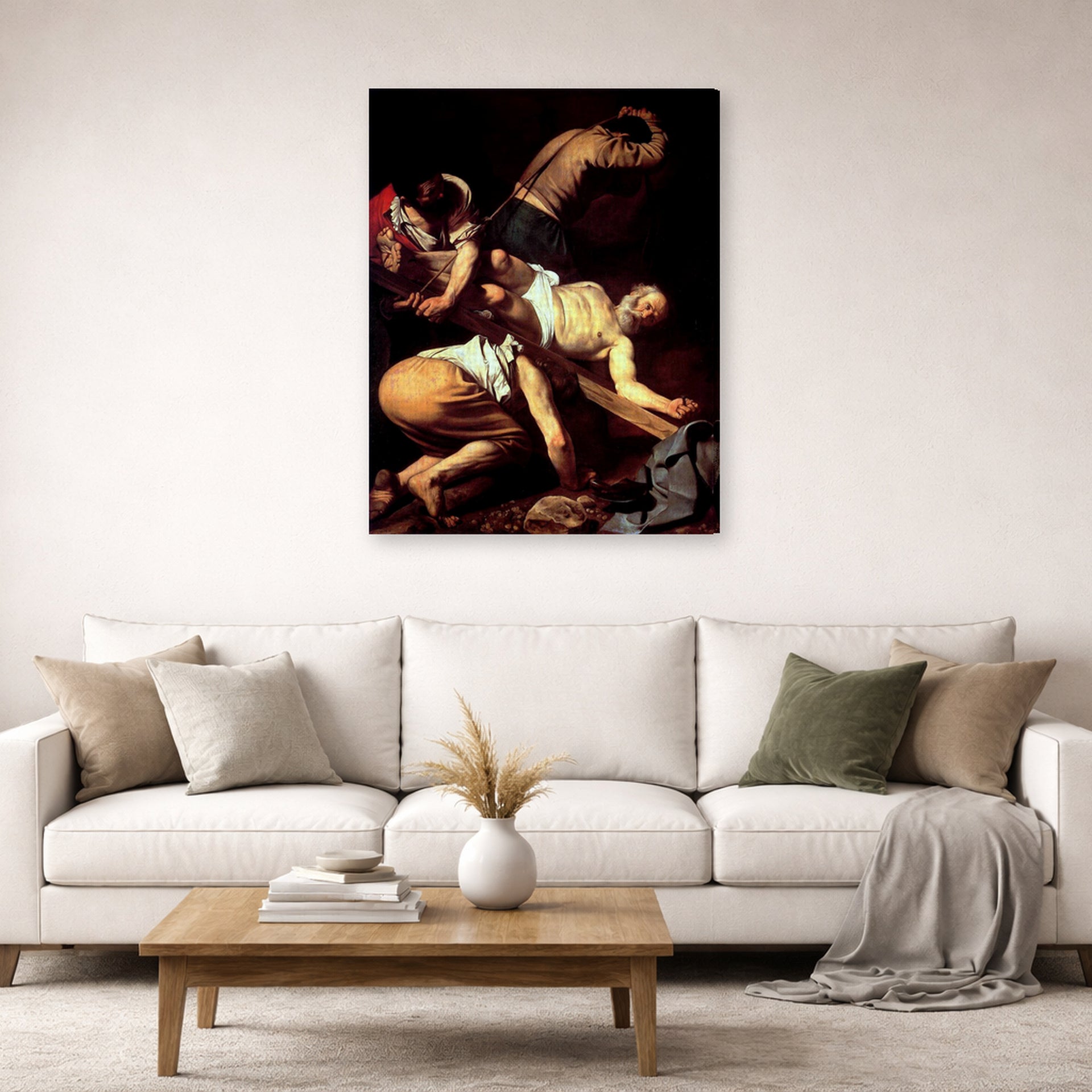 Gallery-wrapped canvas print of Caravaggio's 'The Crucifixion of Saint Peter' displayed on a wall in a living room