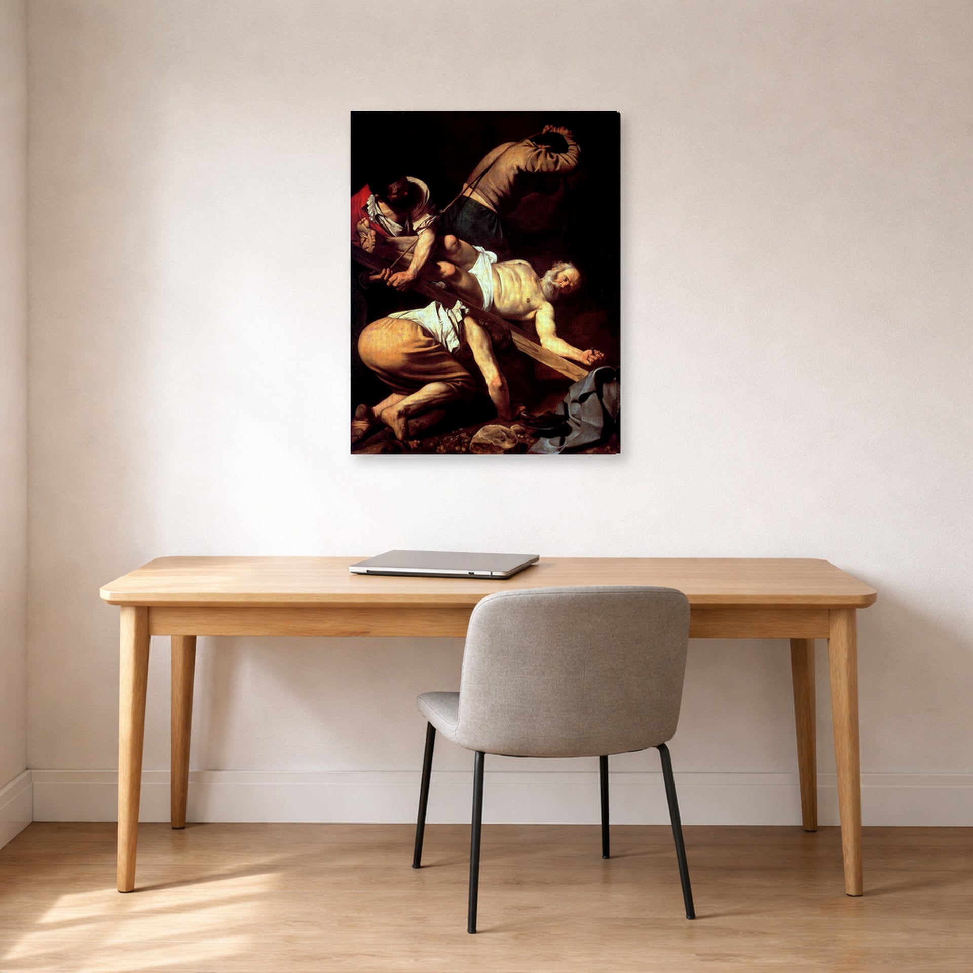 Gallery-wrapped canvas print of Caravaggio's 'The Crucifixion of Saint Peter' displayed on a wall in an office