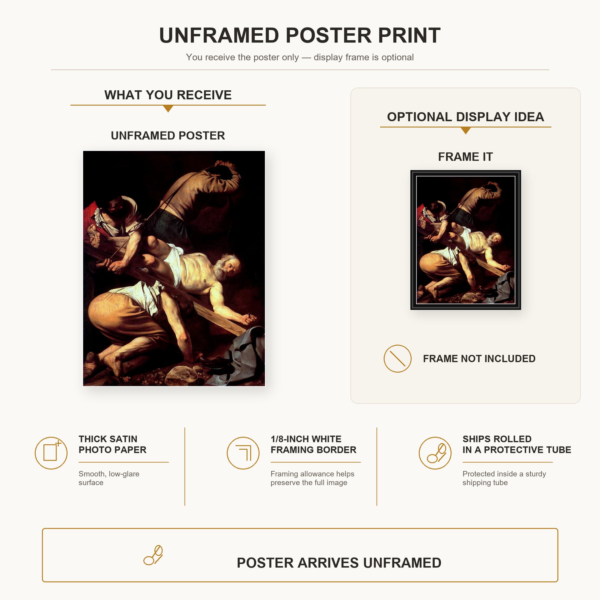 Caravaggio - The Crucifixion of Saint Peter poster print size comparison and framing display infographic