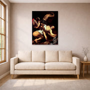 Unframed poster print of Caravaggio's 'The Crucifixion of Saint Peter' displayed on a wall in a living room