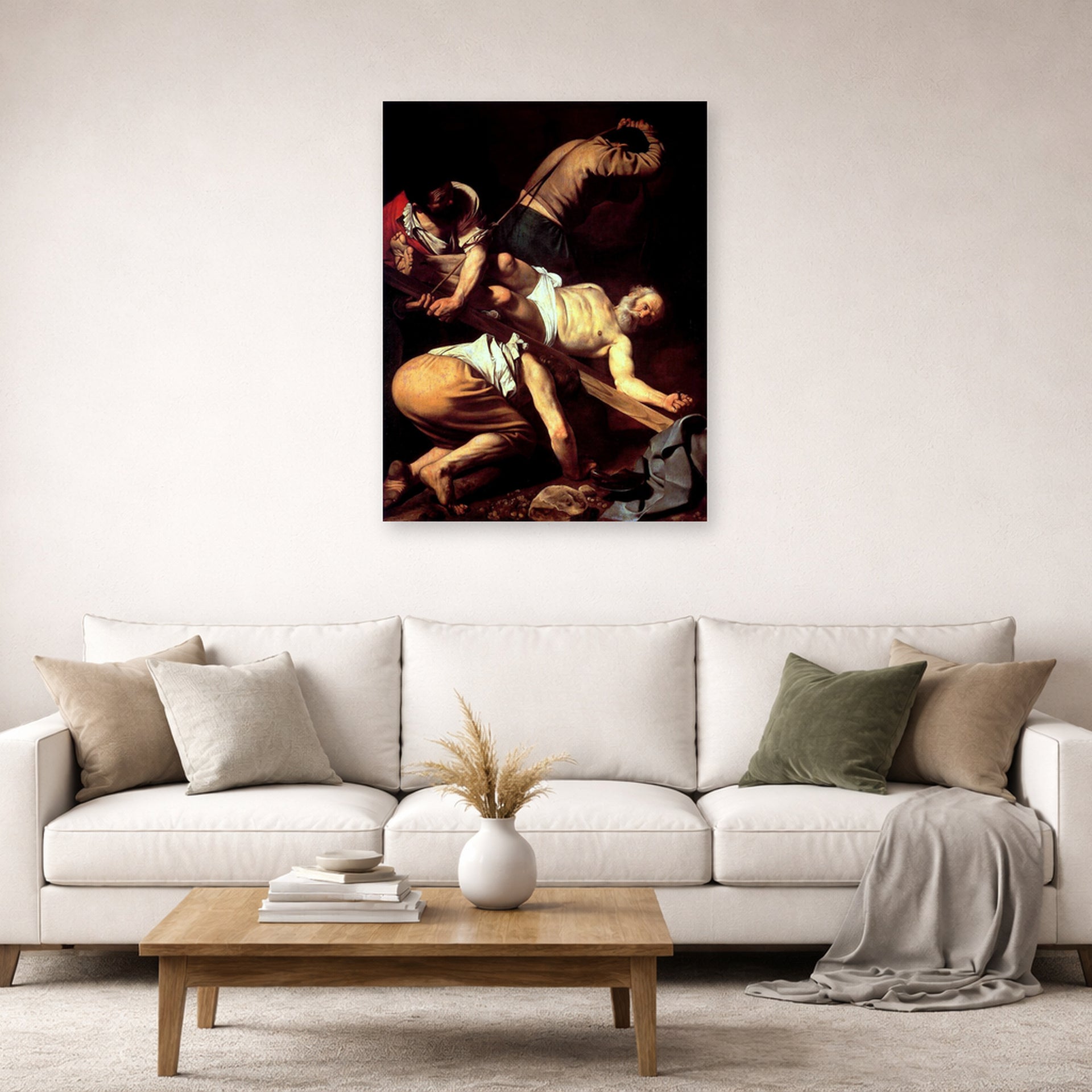 Unframed poster print of Caravaggio's 'The Crucifixion of Saint Peter' displayed on a wall in a living room