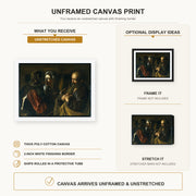 Caravaggio - The Denial of Saint Peter canvas print size comparison and framing display infographic