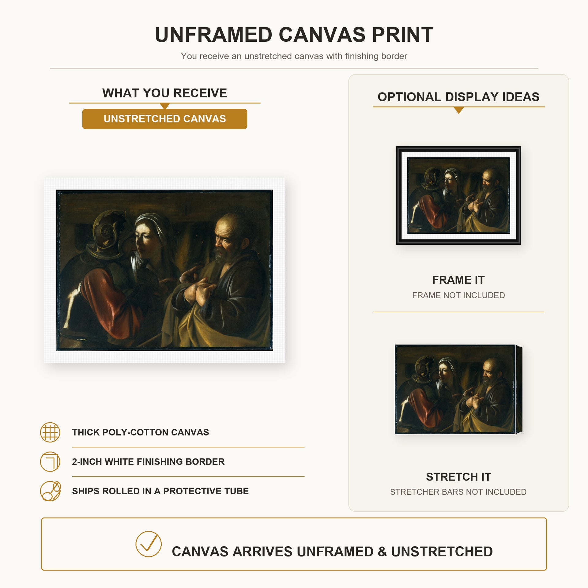Caravaggio - The Denial of Saint Peter canvas print size comparison and framing display infographic