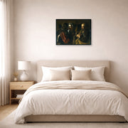 Gallery-wrapped canvas print of Caravaggio's 'The Denial of Saint Peter' displayed on a wall in a bedroom