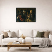 Gallery-wrapped canvas print of Caravaggio's 'The Denial of Saint Peter' displayed on a wall in a living room