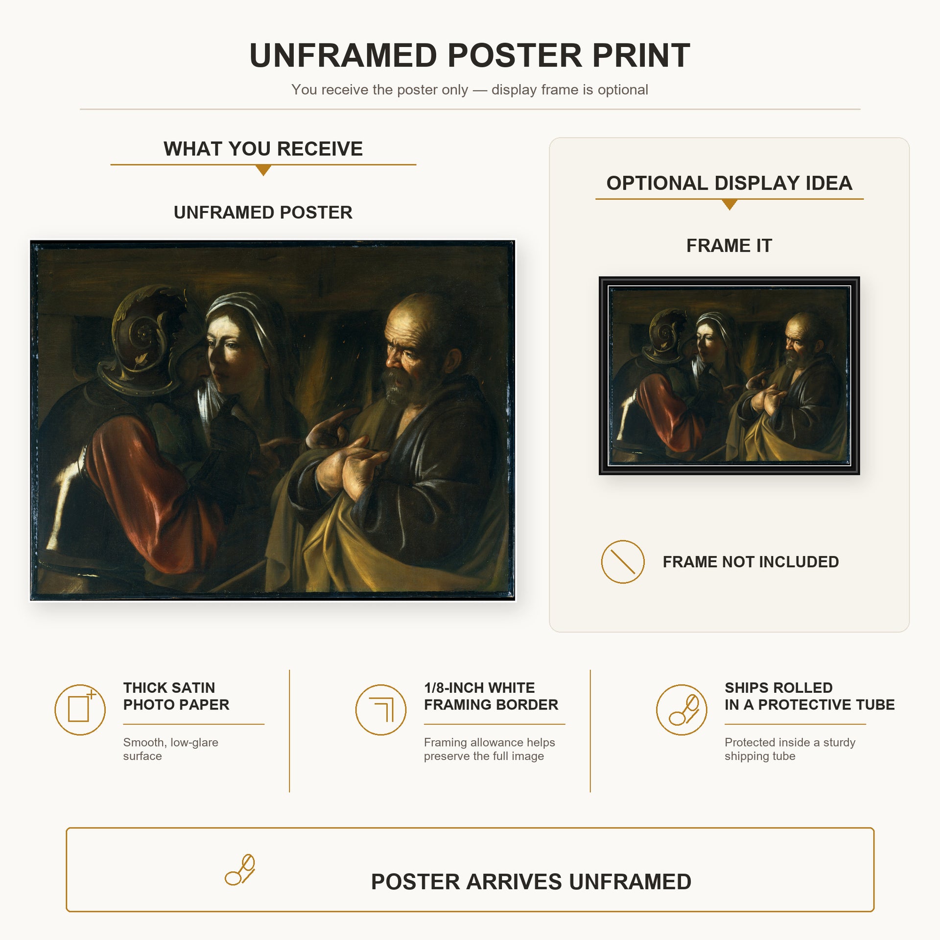 Caravaggio - The Denial of Saint Peter poster print size comparison and framing display infographic