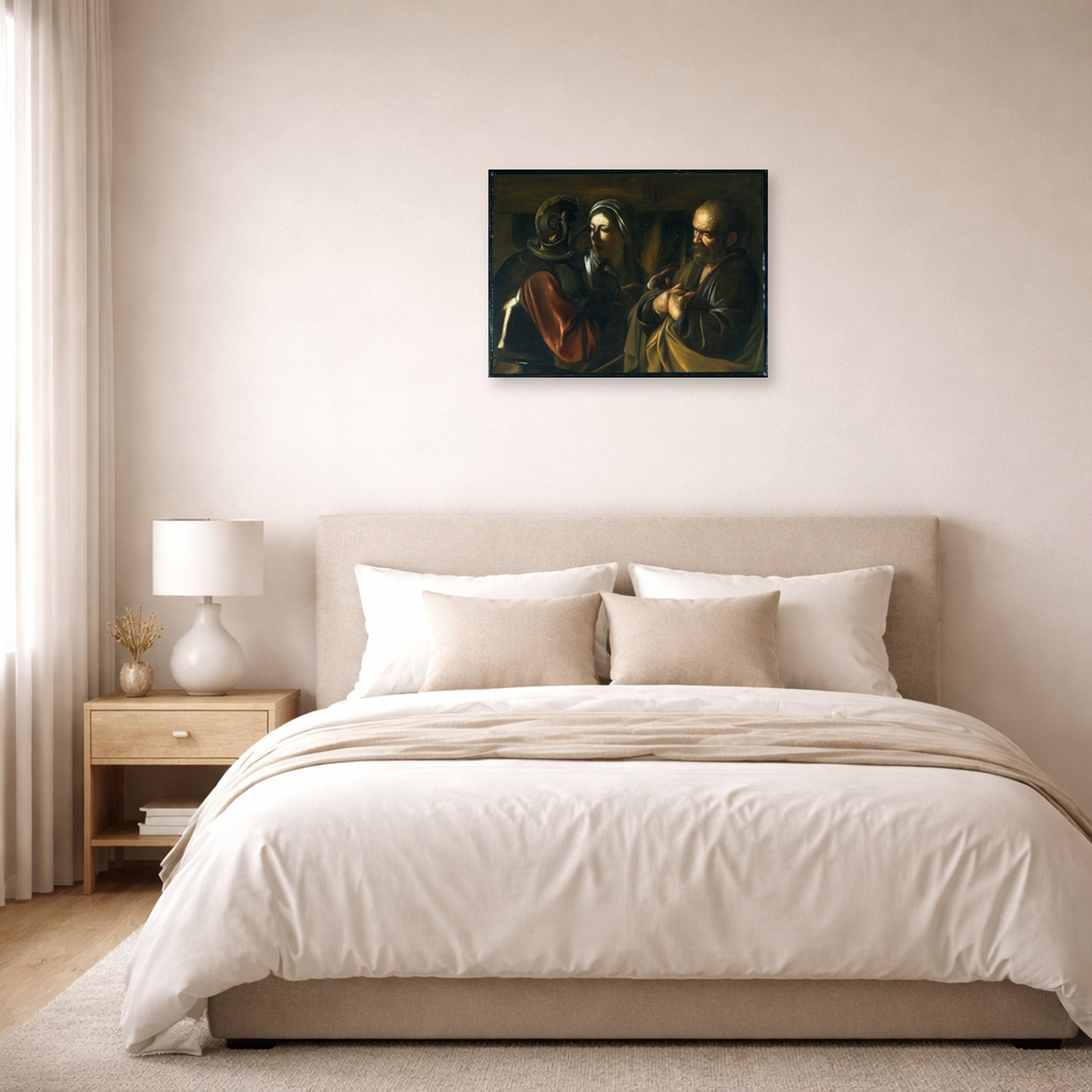 Unframed poster print of Caravaggio's 'The Denial of Saint Peter' displayed on a wall in a bedroom