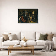Unframed poster print of Caravaggio's 'The Denial of Saint Peter' displayed on a wall in a living room