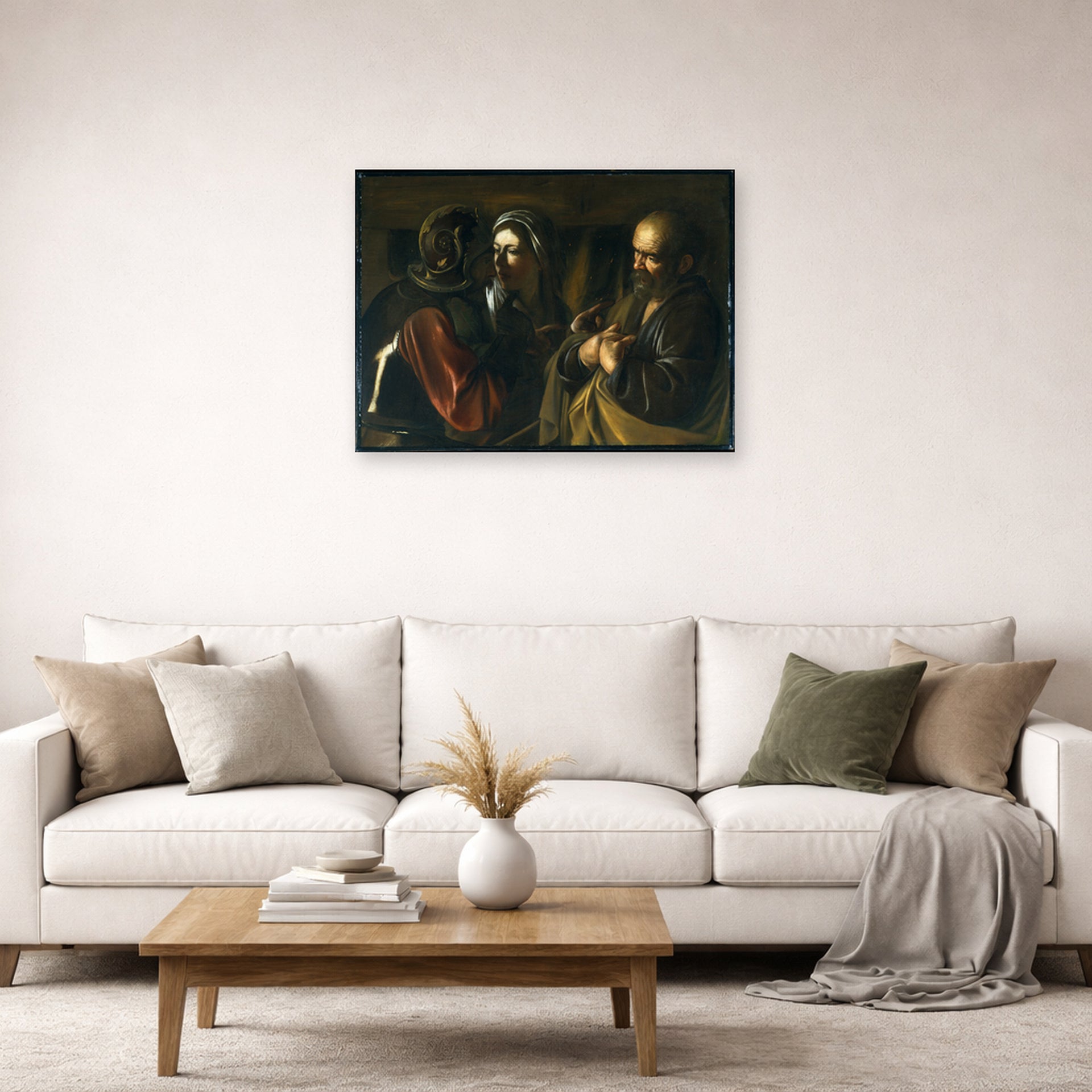 Unframed poster print of Caravaggio's 'The Denial of Saint Peter' displayed on a wall in a living room