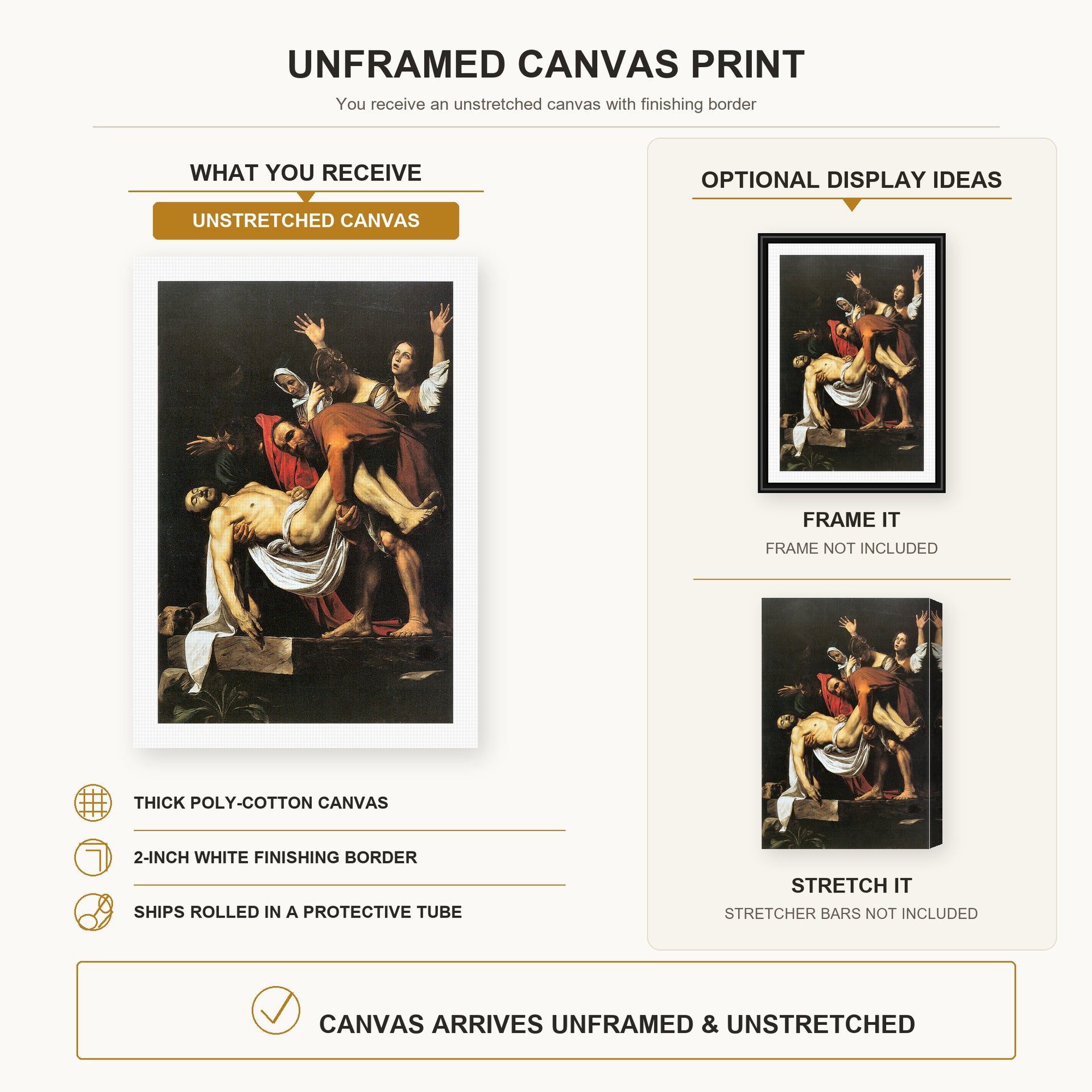 Caravaggio - The Entombment of Christ canvas print size comparison and framing display infographic