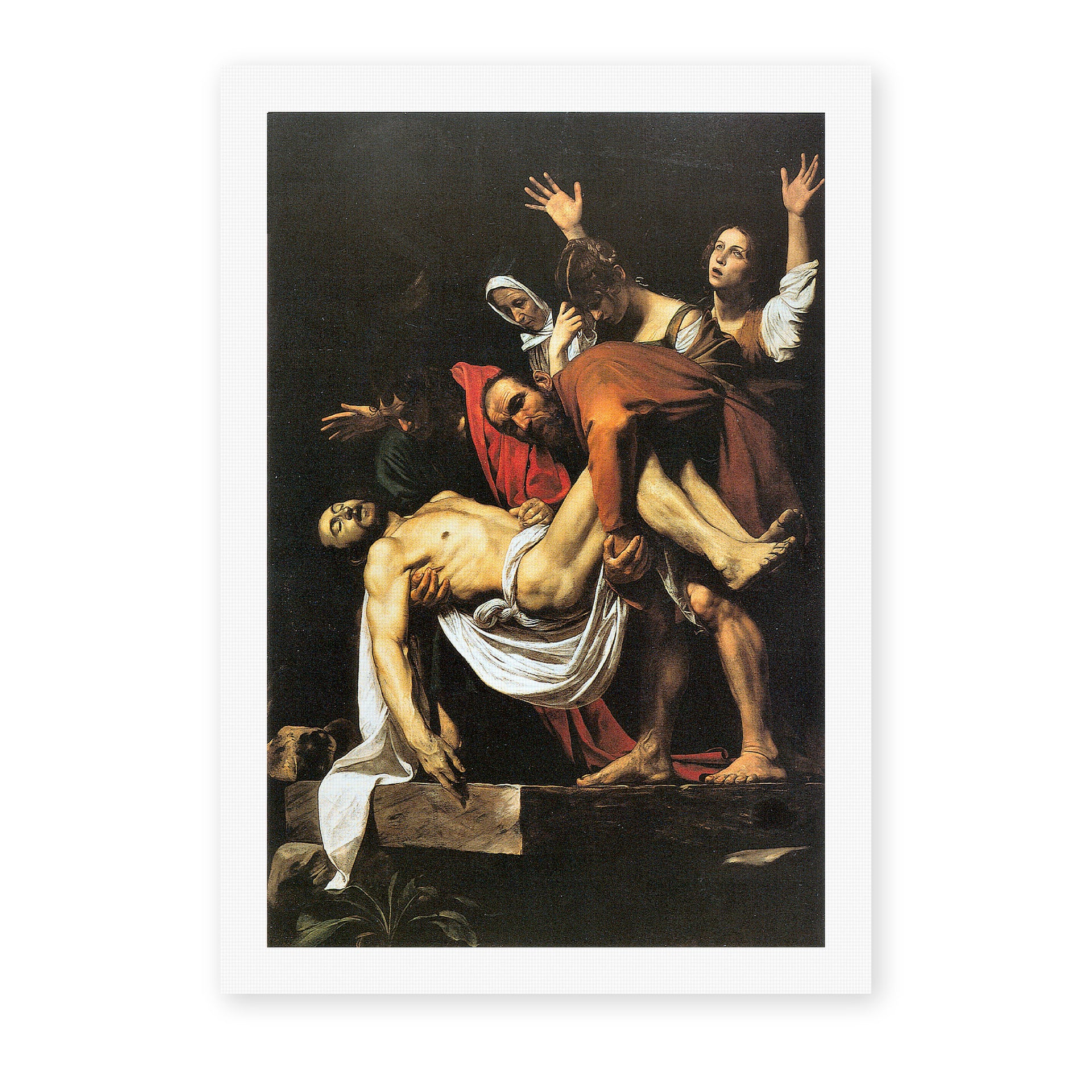 Caravaggio's 'The Entombment of Christ' painting reproduced as a rolled canvas print, painted around 1603-04 for a Roman chapel