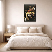 Gallery-wrapped canvas print of Caravaggio's 'The Entombment of Christ' displayed on a wall in a bedroom
