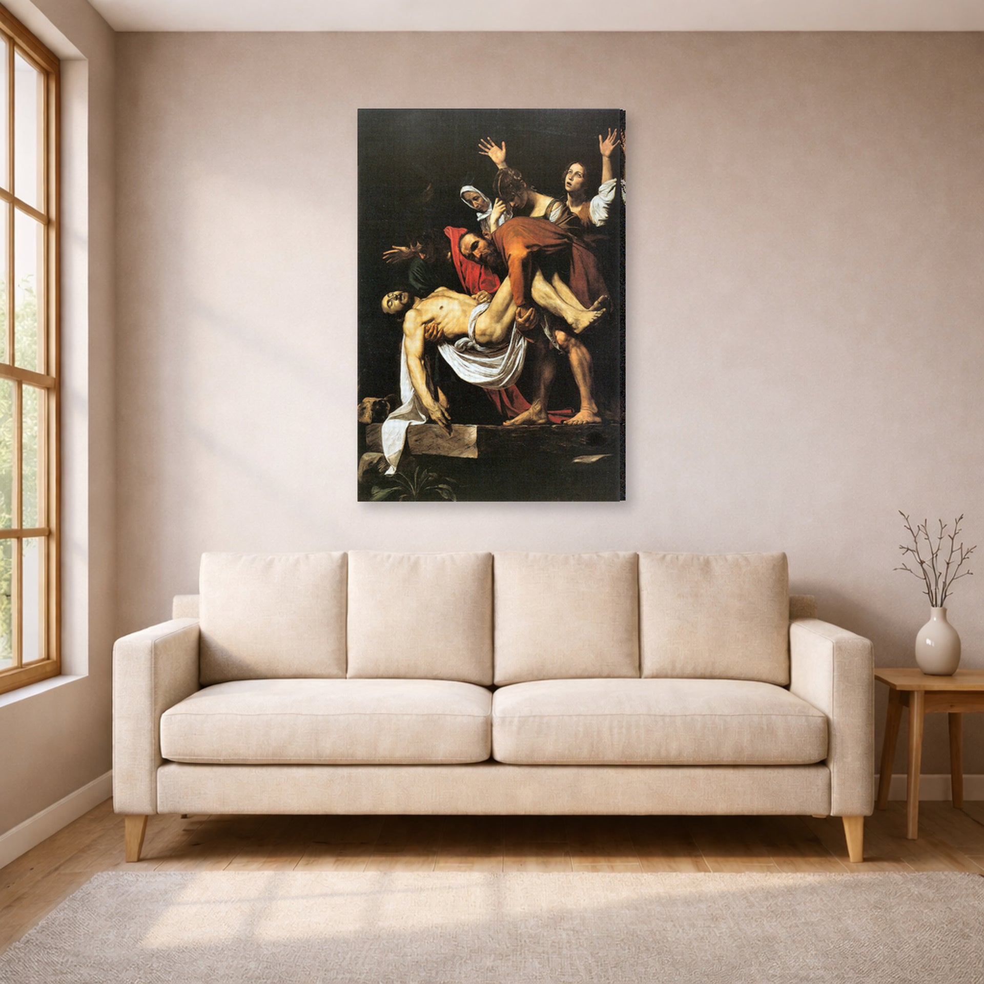 Gallery-wrapped canvas print of Caravaggio's 'The Entombment of Christ' displayed on a wall in a living room
